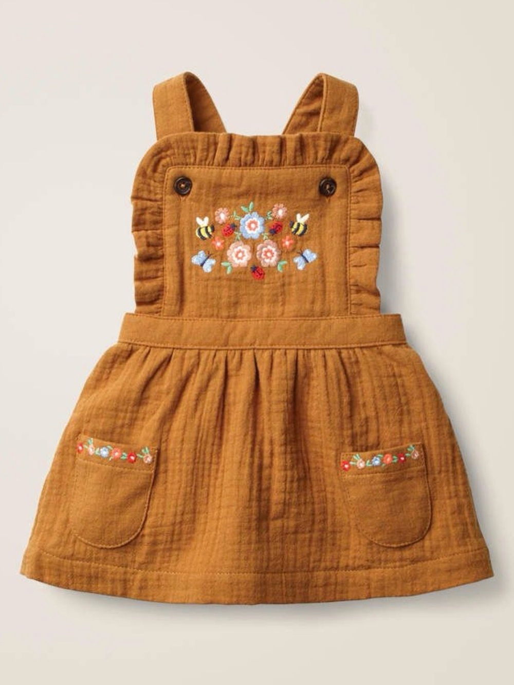 Mini Boden Mustard Embroidered Pinafore Dress Size 2-3 year